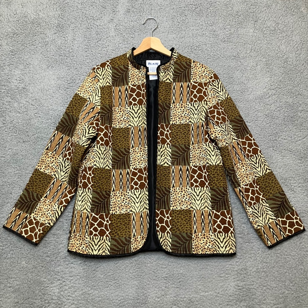 VTG Blair Quilted Patchwork Open‎ Jacket Women M Tan Animal Print Safari Cottage